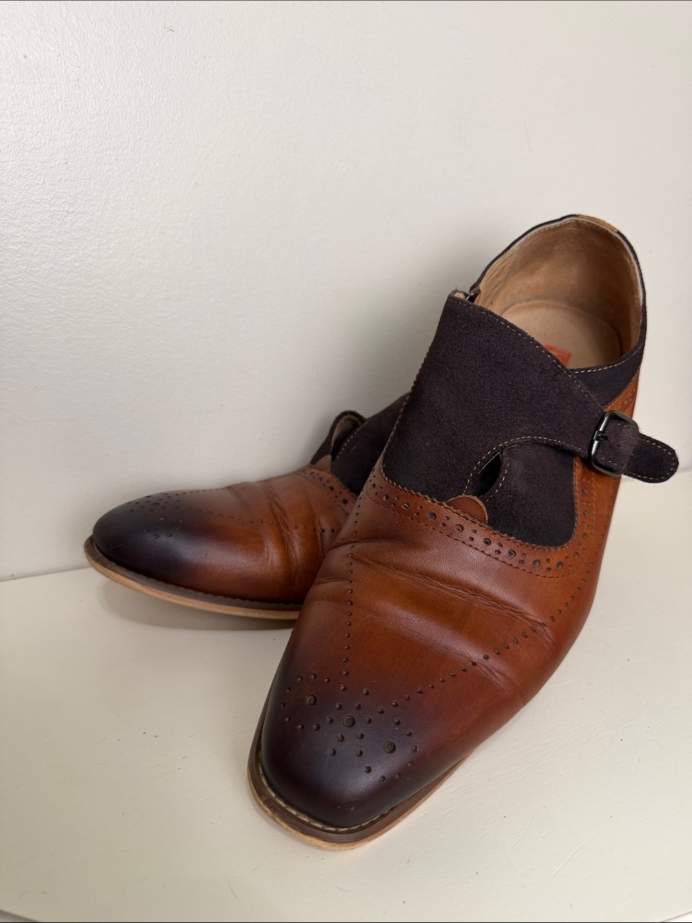 Steven Land’s Men's Brown Leather and Dark Brown Suede Monk Strap Dress Shoes:11